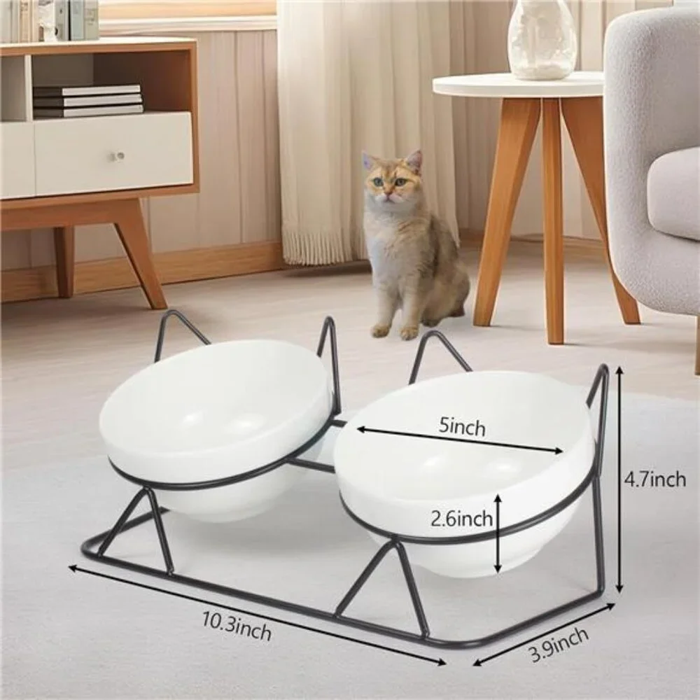 Elevated Tilted Cat Bowls for Indoor Cats，Raised Ceramic Cat Bowl Elevated15°